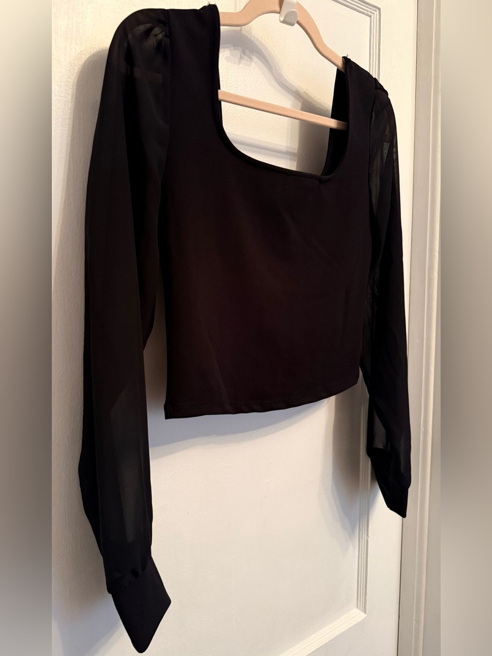EUC Heart & Hips Black Square-Neck Long Sheer Sleeve Crop Top Large